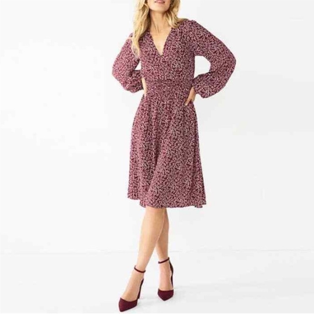 Draper James Surplus Neckline Vine Print Wine Red Dress Bishop Sleeve